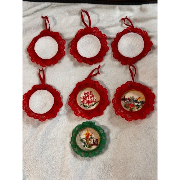 7 Christmas-Themed Cross Stitch Ornaments Lace Trim & Hanging Ribbons Handmade - Picture 10 of 16